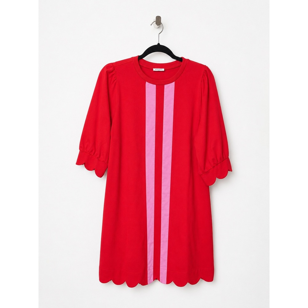Jodifl Red Pink Striped Scallop Hem Puff Sleeve Shift Dress with Pockets - Picture 7 of 8